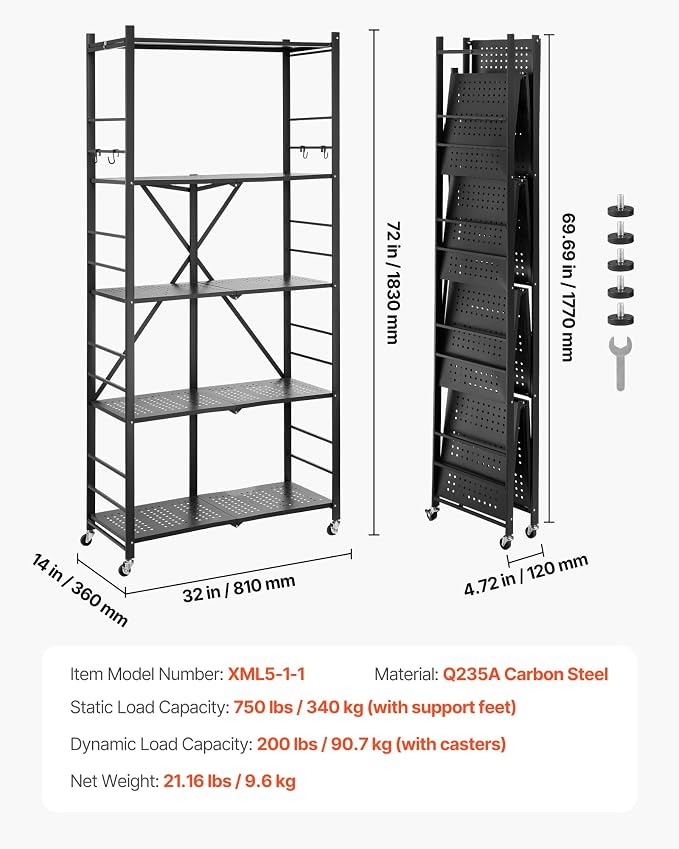 VEVOR 5-Tier Foldable Storage Shelf, 32W x 14D x 72H Inch Folding Metal Rack - Image 3