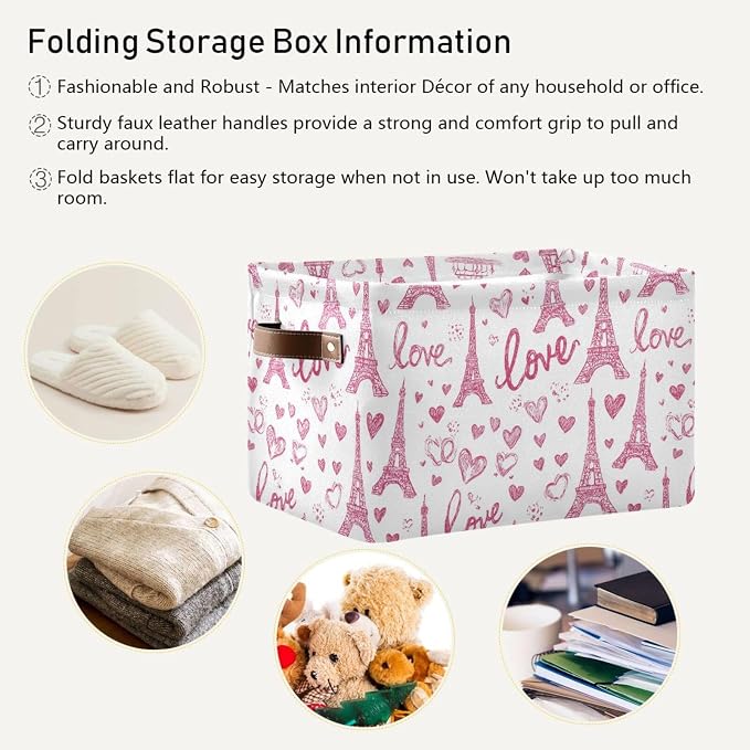 Pink Paris Eiffel Tower Rectangular Storage Bins Box Foldable Shelf Basket - Image 5