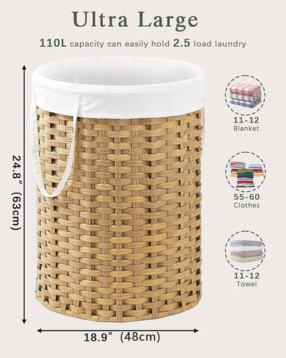 Laundry Basket Round Rattan Laundry Hamper 29.1 Gal Handwoven Large Wicker - Image 5