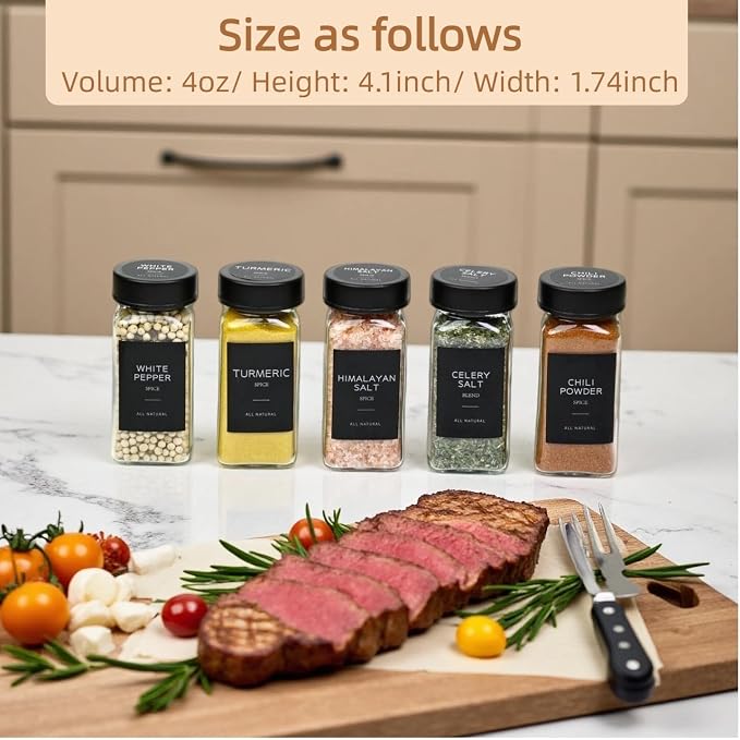 Glass Spice Jars with Black Stainless Steel Lids: 26 pcs 4oz Spice Containers - Image 2