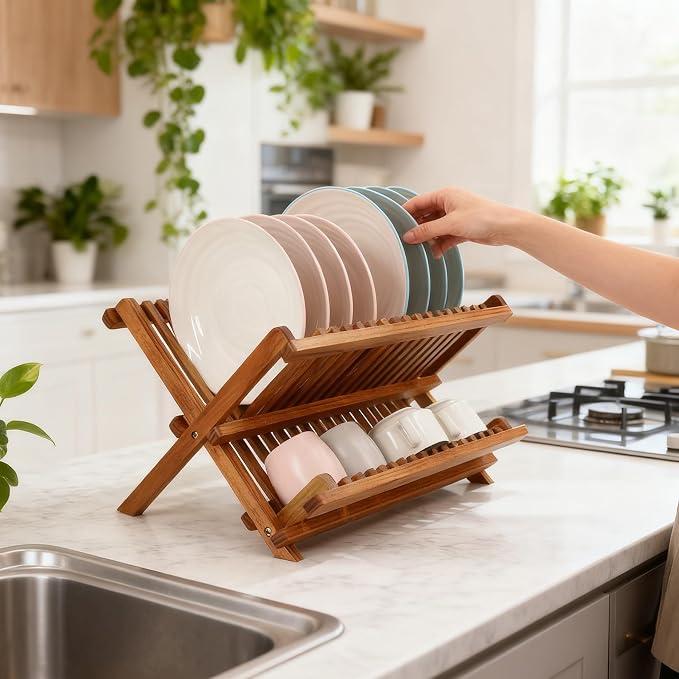 Utoplike Teak Dish Drainer Rack Collapsible 2 Tier Dish Rack Dish Drying Rack - Image 5