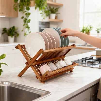 Utoplike Teak Dish Drainer Rack Collapsible 2 Tier Dish Rack Dish Drying Rack - Image 5