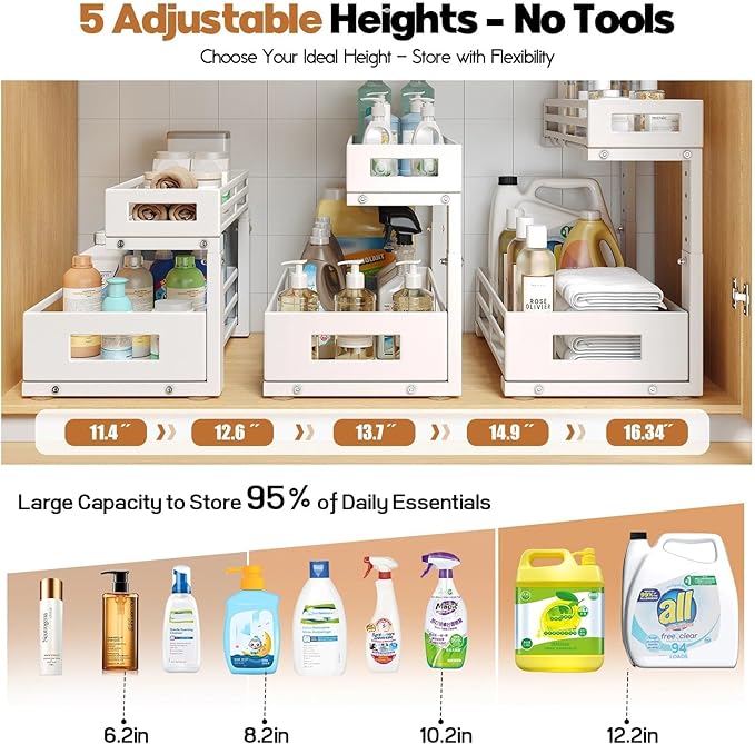 L-Shaped Metal Under Sink Organizer, 2-Tier Double Pull-Out Cabinet Organizer - Image 6