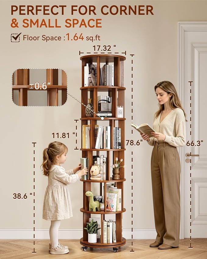 IUNVR Rotating Bookshelf, 6 Tier Solid Wood Bookshelf Tower - Image 2