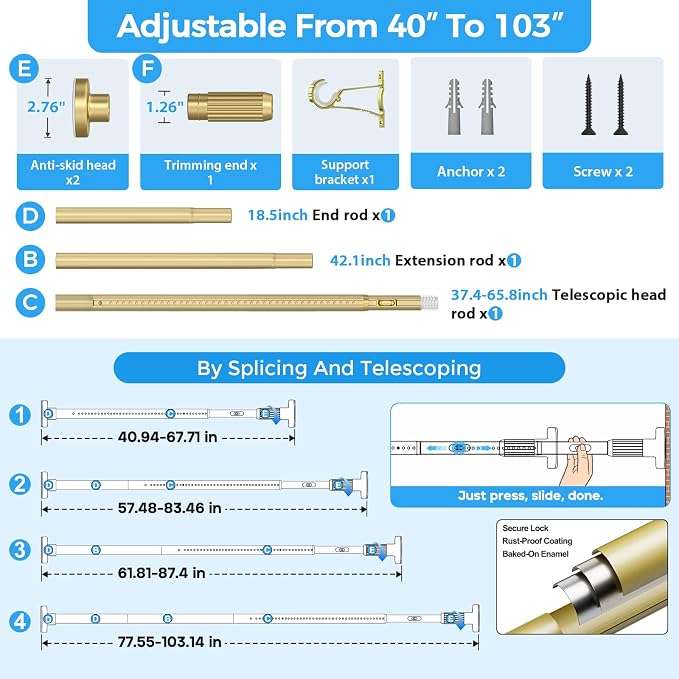 AIZESI 41-100 Inch Heavy Duty Gold Tension Curtain Rod - Image 2