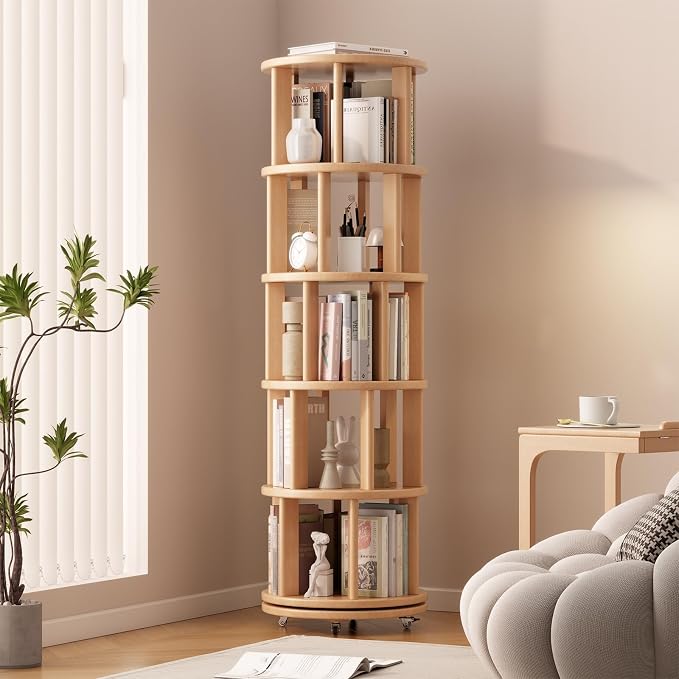 Solid Wood Rotating Bookshelf on Wheels, 5 Tier, Round Revolving Bookcase by Muwuele