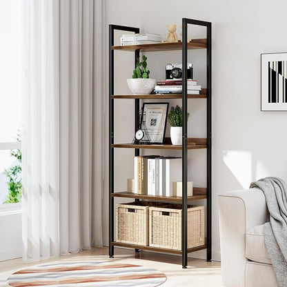 NUMENN Bookshelf, 5 Tier Freestanding Shelving Unit, Vintage | Metal Frame & - Image 2