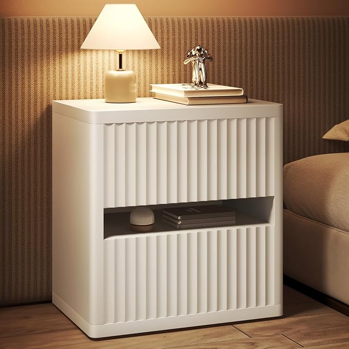 Dripex Fluted Nightstand with 2 Drawers, Large Wide Wood Night Stand Bedside by Dripex