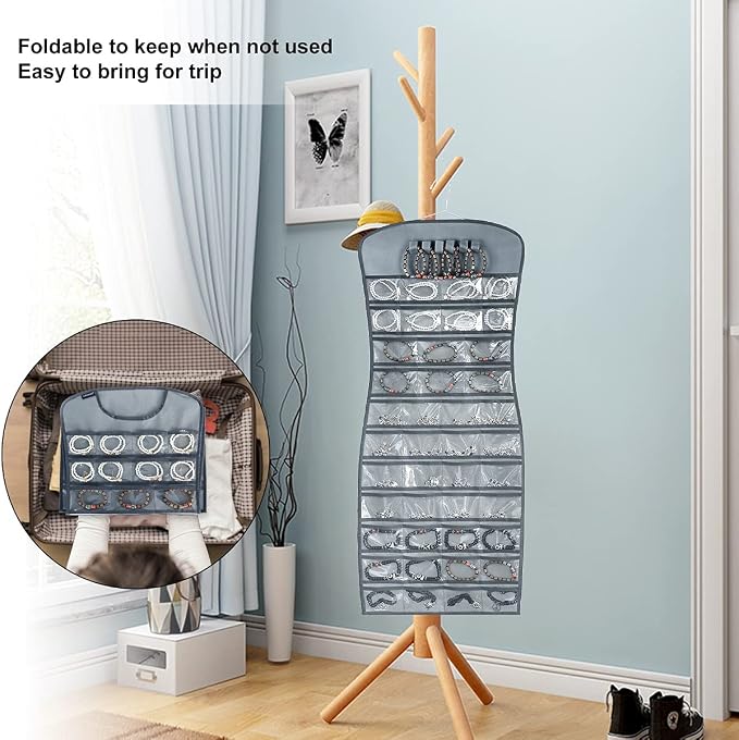 Hanging Jewelry Organizer Dual Sided 84 Clear Pockets and 6 Hook Loops Storage - Image 7