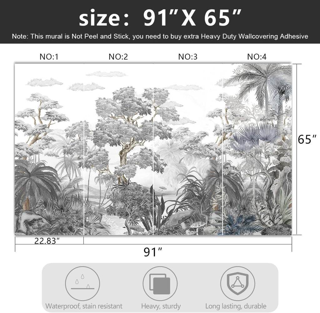 -Tropical Rainforest Botanical Grey Jungle Forest Fabric Wallpaper Living Room Palm Leaf Plant Bedroom Bathroom Wall Mural- 91"x65"（ not Peel and Stick）