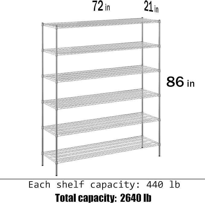 21" Deep x 72" Wide x 86" Height Wire Shelving Kit | 6-Tier | NSF Commercial - Image 3