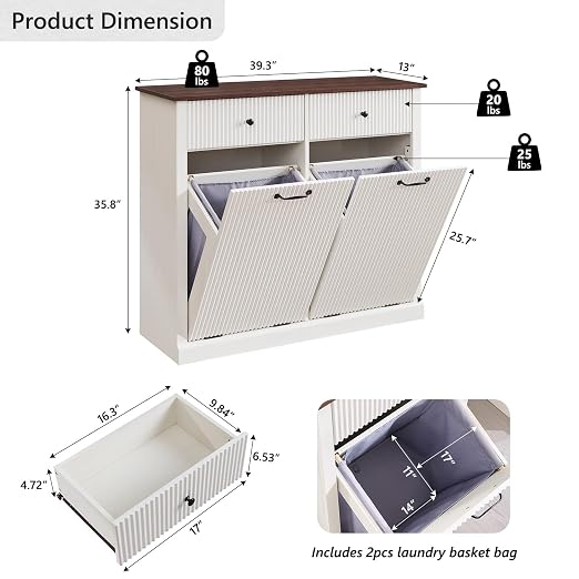 Modern Double Tilt-Out Trash Cabinet, 20 Gallon Fluted Laundry Hamper Cabinet - Image 2