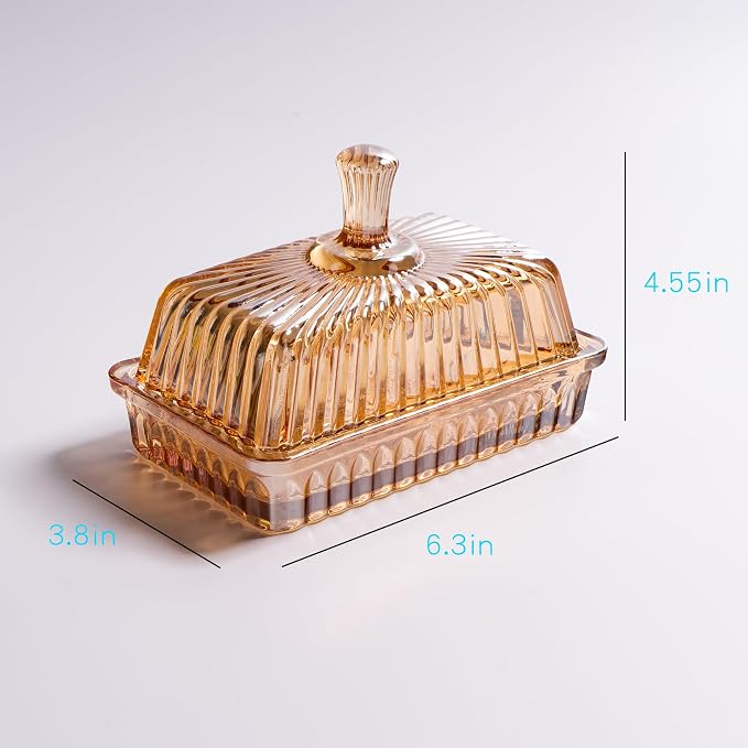 Glass Butter Dish with Lid for Countertop, Champagne Color Striped Crystal - Image 8