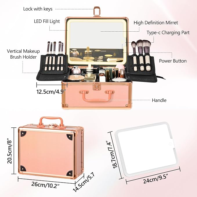 Rose Gold Makeup Case with Lighted Mirror, Detachable LED Mirror, Travel Makeup - Image 4