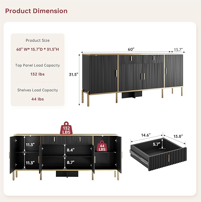 60" Fluted Buffet Cabinet with Storage, Modern Buffets & Sideboard with 2 - Image 2