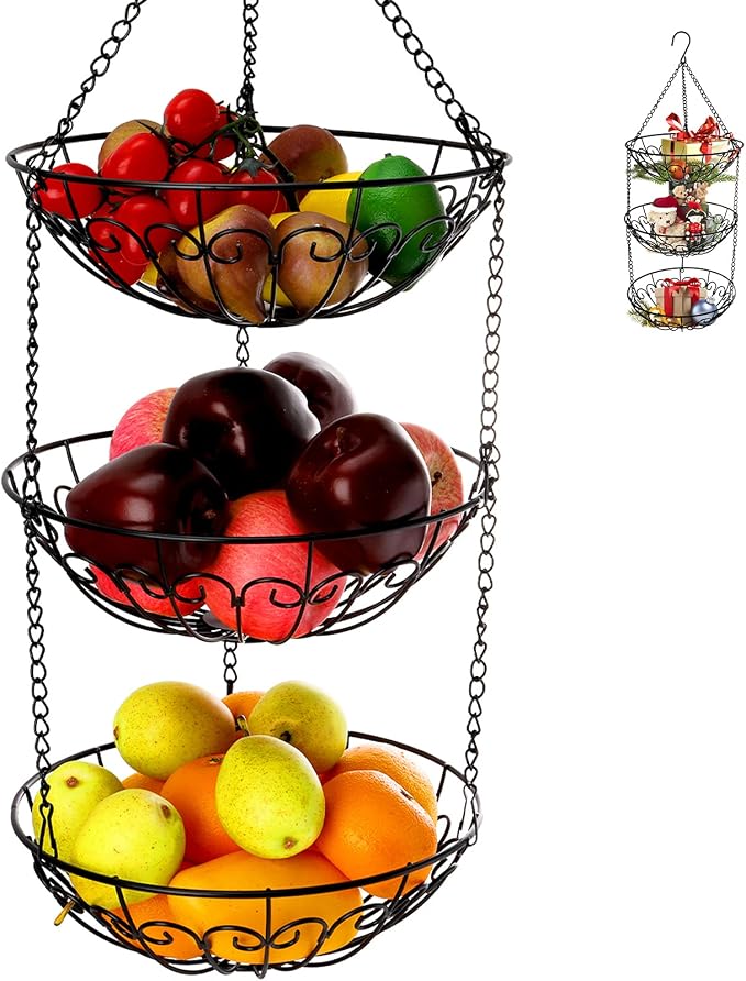 Dicunoy 3-Tier Hanging Fruit Basket, Heavy Duty Wire Baskets by Dicunoy