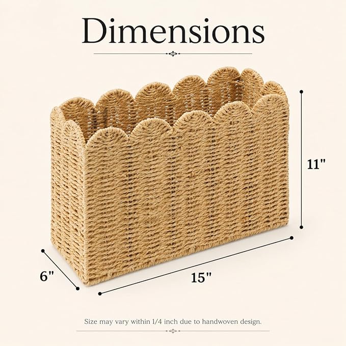 Paper Rope Magazine Holder, Tall Narrow Scalloped Basket | Handwoven Paper Rope - Image 5