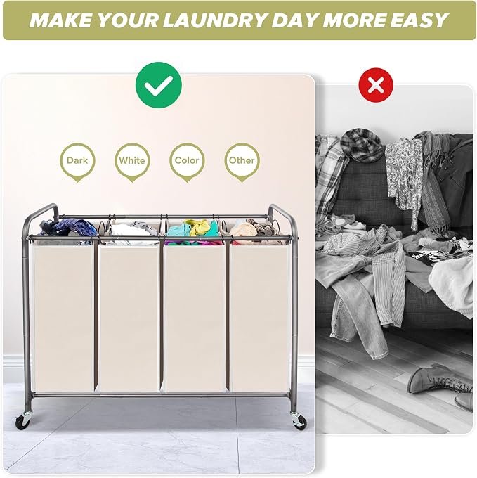 Laundry Sorter Hamper with Wheels, Heavy-Duty Laundry Sorter Rolling Cart - Image 4