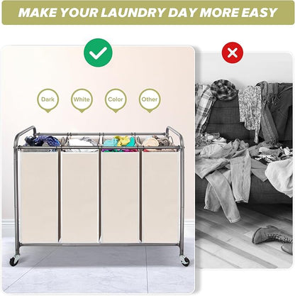 Laundry Sorter Hamper with Wheels, Heavy-Duty Laundry Sorter Rolling Cart - Image 4