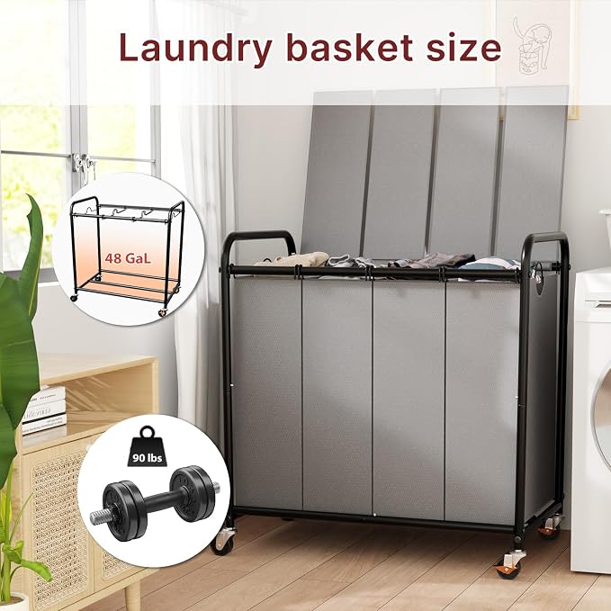 180L Laundry Sorter 4 Section – Heavy Duty Rolling Laundry Basket - Image 2