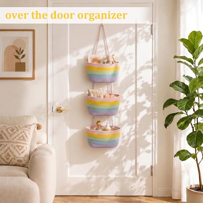TeoKJ Over the Door Hanging Basket, 3-Tier Woven Cotton Wall-Mounted Storage - Image 2
