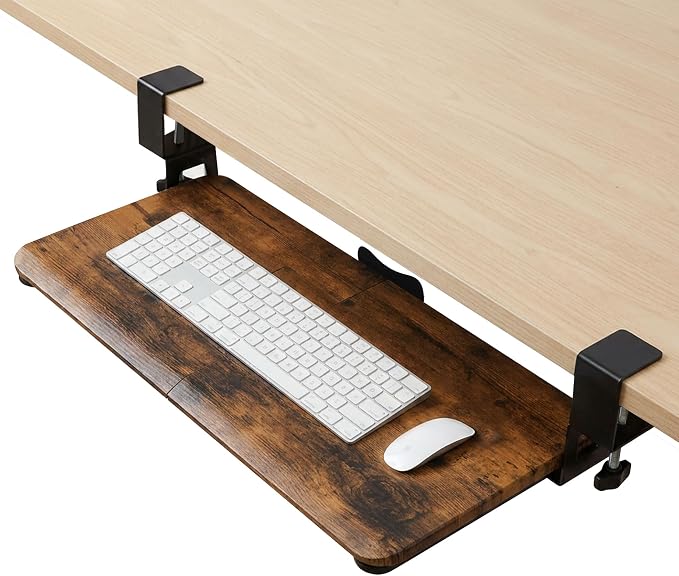 Mahogany Keyboard Tray Under Desk Clamp, Large Slide-Out Keyboard and Mouse Tray by TECLUCK