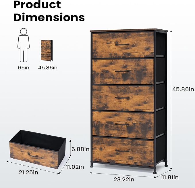 Tall Dresser, Wide Vertical Fabric Storage Tower, 5 Drawer | Sturdy Steel Frame - Image 3