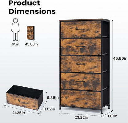 Tall Dresser, Wide Vertical Fabric Storage Tower, 5 Drawer | Sturdy Steel Frame - Image 3
