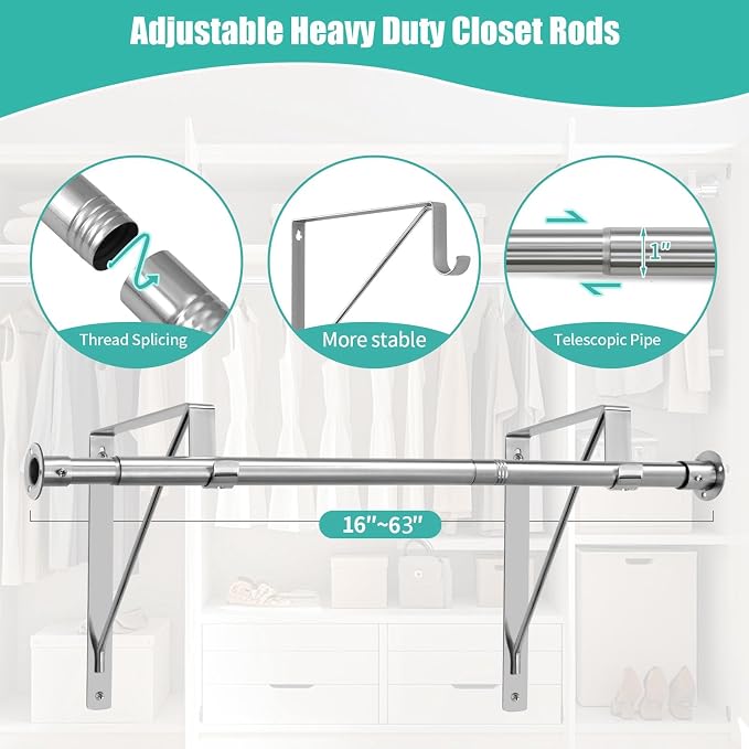 Closet Rod, 16 to 63 Inch Closet Rods Heavy Duty Adjustable Wardrobe Poles - Image 5