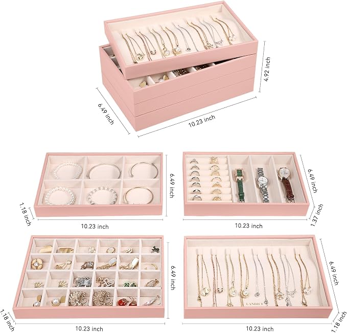 LANDICI Stackable Jewelry Organizer Trays 4 Set, PU Leather Jewelry Organizer - Image 5