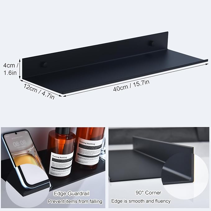 HNVNER Black Shower Shelves Rustproof & Waterproof, 40cm Adhesive Shower Caddy - Image 3