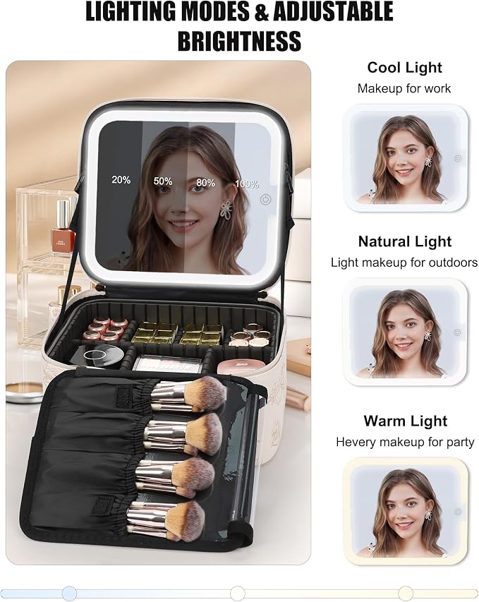Relavel Travel Makeup Bag with LED Mirror, Lily Flower | Portable Cosmetic - Image 3