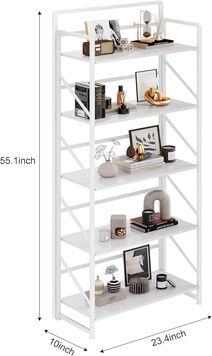 JSB No Assembly Folding Bookshelf, 5 Tier Industrial Metal Book Shelf - Image 3