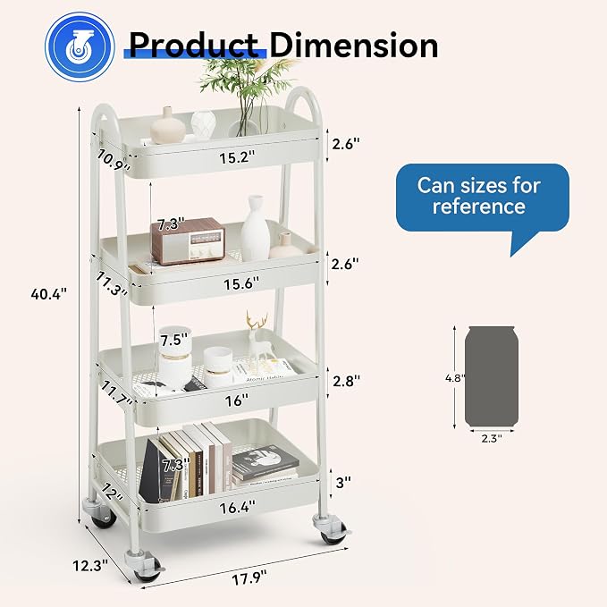 OLIXIS Metal 4 Tiers Utility Rolling Cart, Mobile Storage Shelf - Image 4