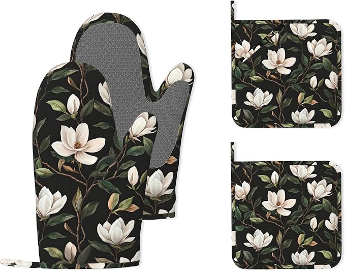 White Magnolia Oven Mitts and Pot Holders, Heat Resistant Non-Slip Silicone by Unknown