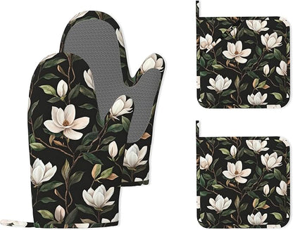 White Magnolia Oven Mitts and Pot Holders, Heat Resistant Non-Slip Silicone by Unknown