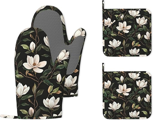 White Magnolia Oven Mitts and Pot Holders, Heat Resistant Non-Slip Silicone by Unknown