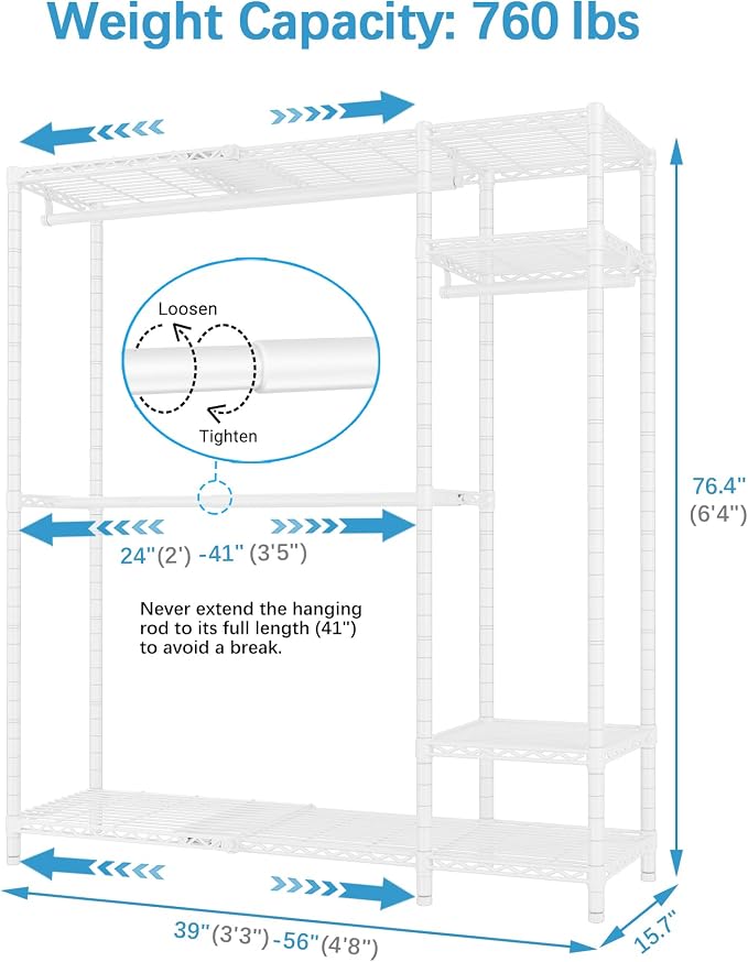 VIPEK X20 Expandable Metal Clothing Rack Adjustable from 3'3" to 4'8" Heavy - Image 6