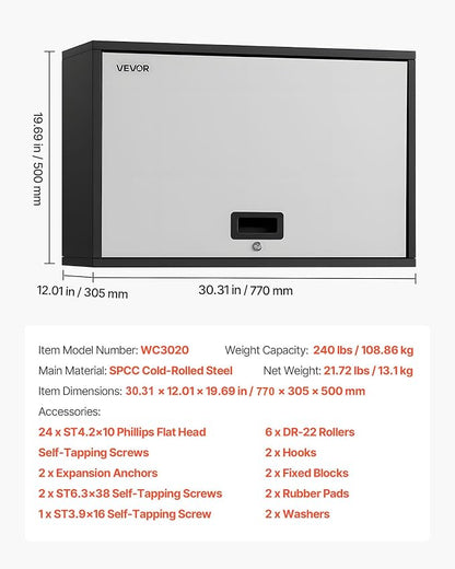 VEVOR Metal Wall Cabinet, 30.31 x 12.01 x 19.69 Inch, Floating Garage Tool - Image 8
