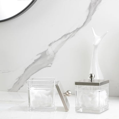 Glass Cotton Jar Holder 2 Pack– Satin Nickel Lid, Elegant Bathroom Storage - Image 7