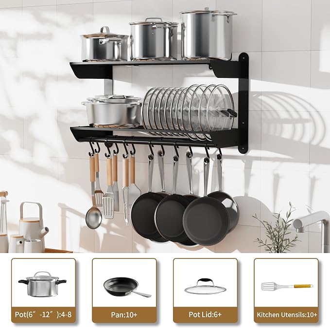 YIGII 30 Inch Pot Rack Wall Mounted, 2-Tier Pots and Pans Organizer - Image 2