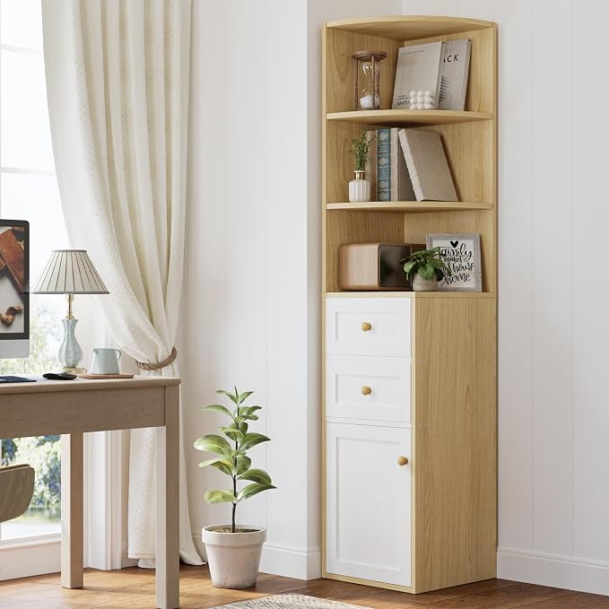 IRONCK Corner Bookshelf and Bookcase, Oak and White - Image 3