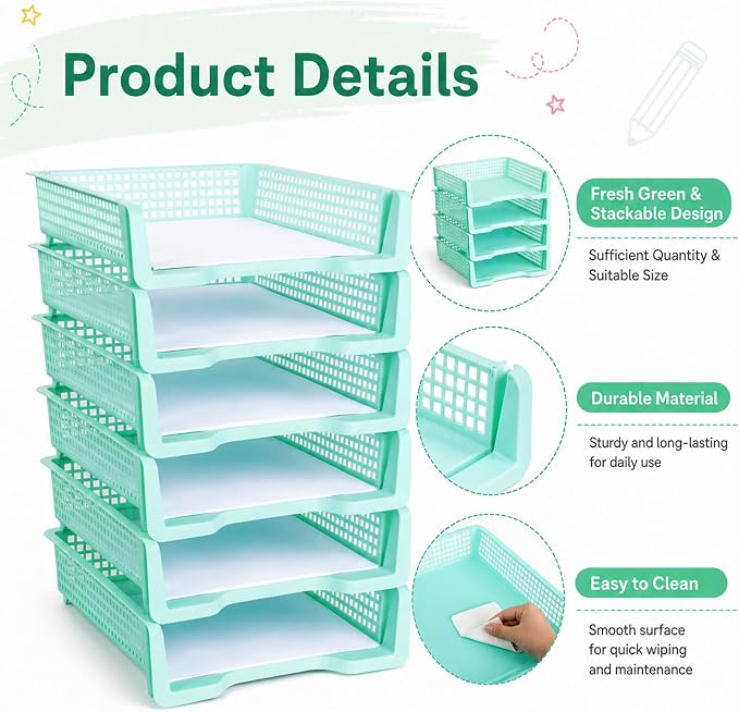 Set of 6 Teal Turn in Trays for Teachers Stackable Classroom Paper Letter Trays - Image 3