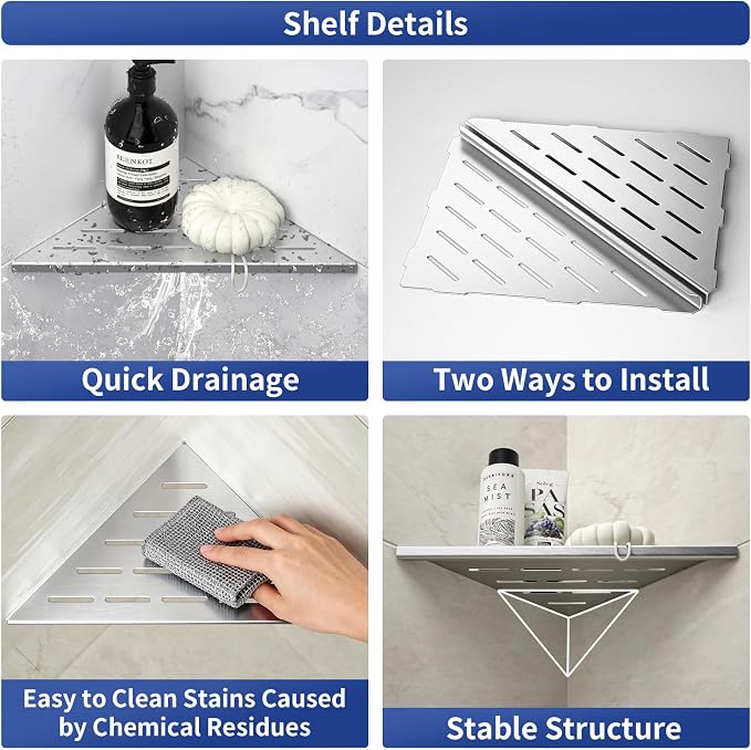 Corner Shower Shelf 10", Brushed 304 Stainless Steel Slot Design Recessed - Image 3
