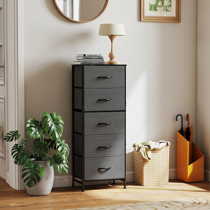 DUMOS Nightstand with 5 Drawers Bedside Table with Removable Fabric Bins Sturdy - Image 2