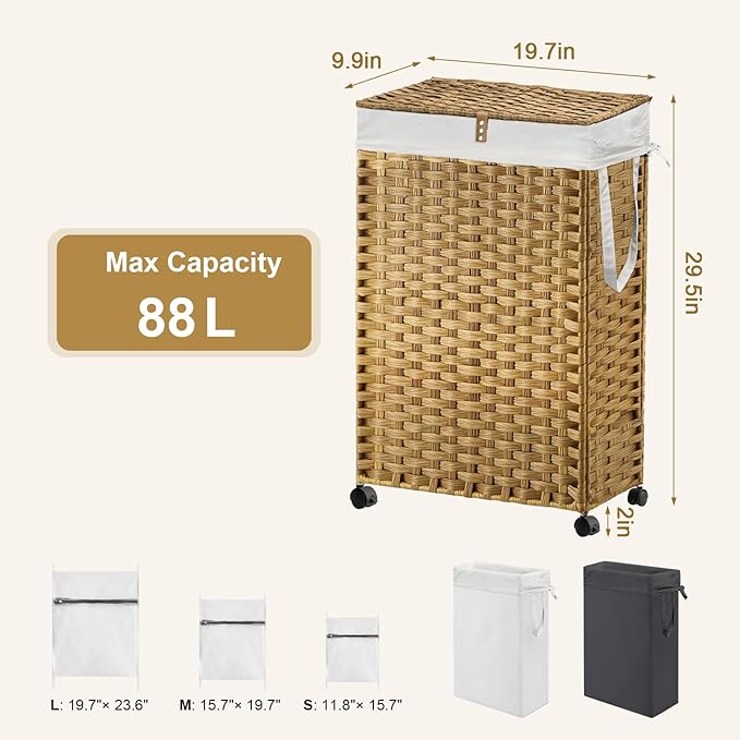 88L Slim Laundry Hamper with Wheels, 23.3 Gallon Rolling Laundry Basket with Lid - Image 4
