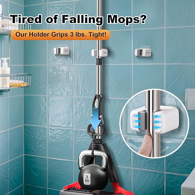 funest 6 Pack Mop and Broom Holder Wall Mount, No Drill Needed Self Adhesive - Image 5