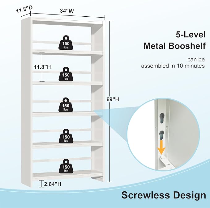 69" White Bookshelf, 5 Tier Tall Bookcase - Image 2