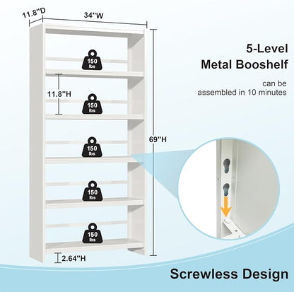 69" White Bookshelf, 5 Tier Tall Bookcase - Image 2