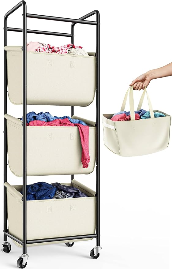 3 Section Laundry Sorter with Removable Bags, 120L Rolling Vertical Laundry by Unknown